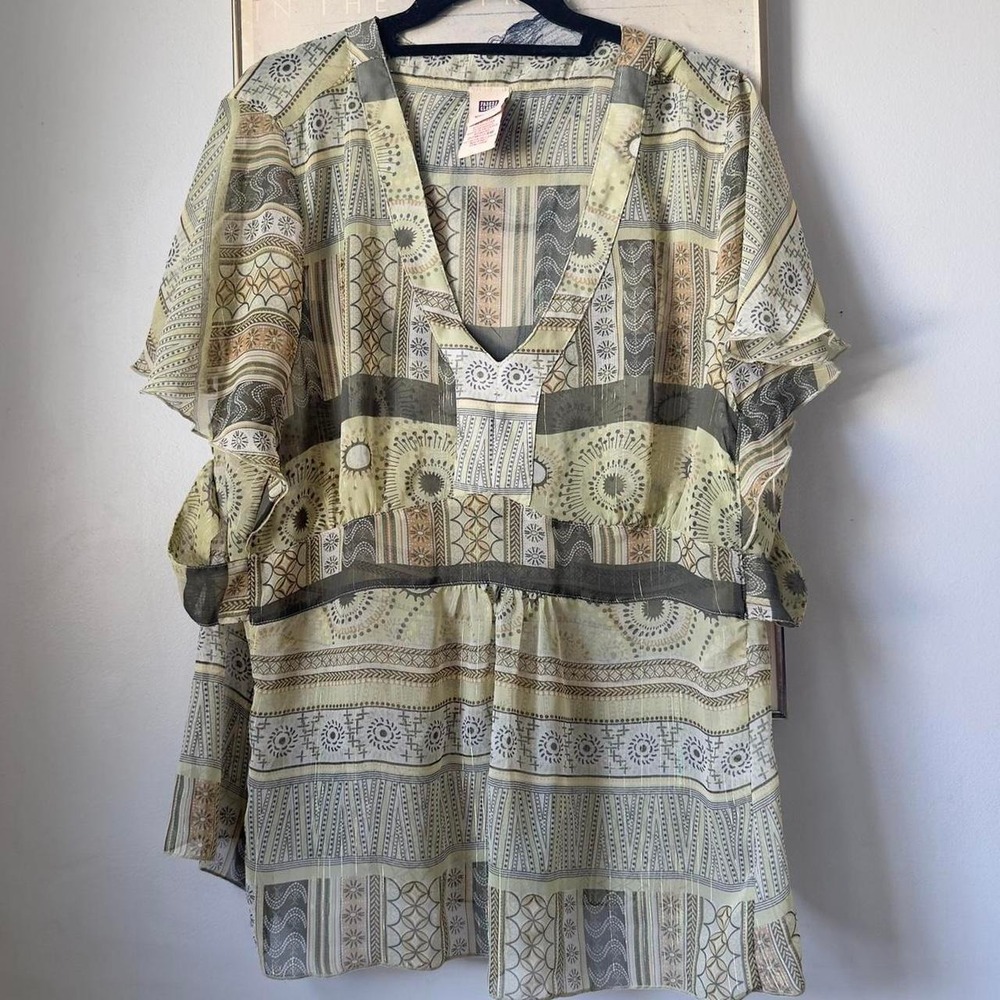 Faded Glory Y2K Boho Sheer Metallic Plus Tunic Blouse Geometric Womens 22W/24W